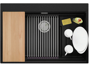 Egymedencés gránit konyhai mosogató csepegtető nélkül tartóval kiegészítőknek és vágódeszkának Oslo 40 Pocket + Ajándék