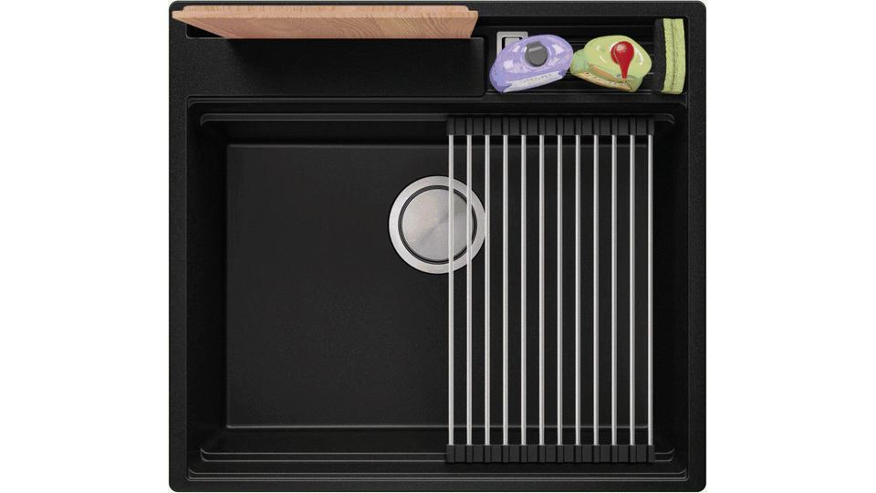 Egymedencés gránit konyhai mosogató csepegtető nélkül tartóval kiegészítőknek és vágódeszkának Oslo 60 Pocket + Ajándék